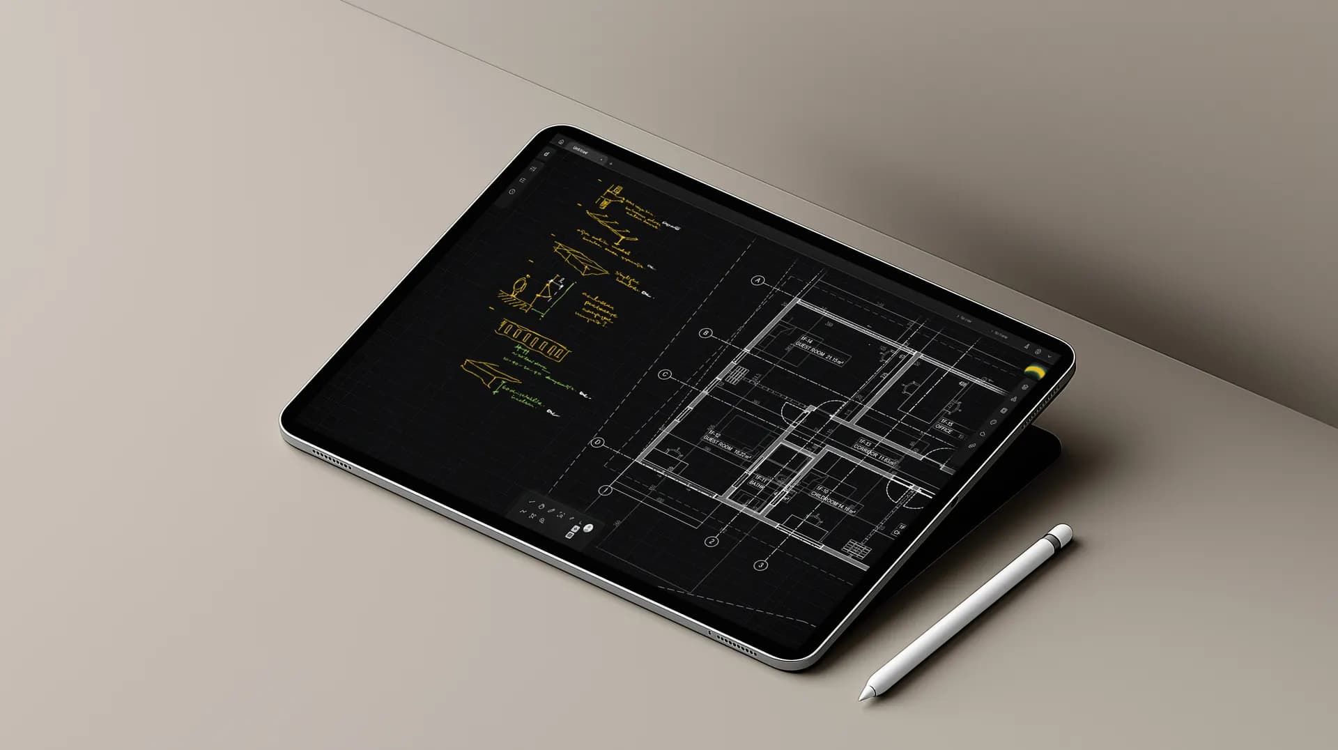 A tablet lying flat on a desk beside a stylus, showing the same Drawoble project: a floor plan on the right of the canvas, hand-drawn design notes on the left.