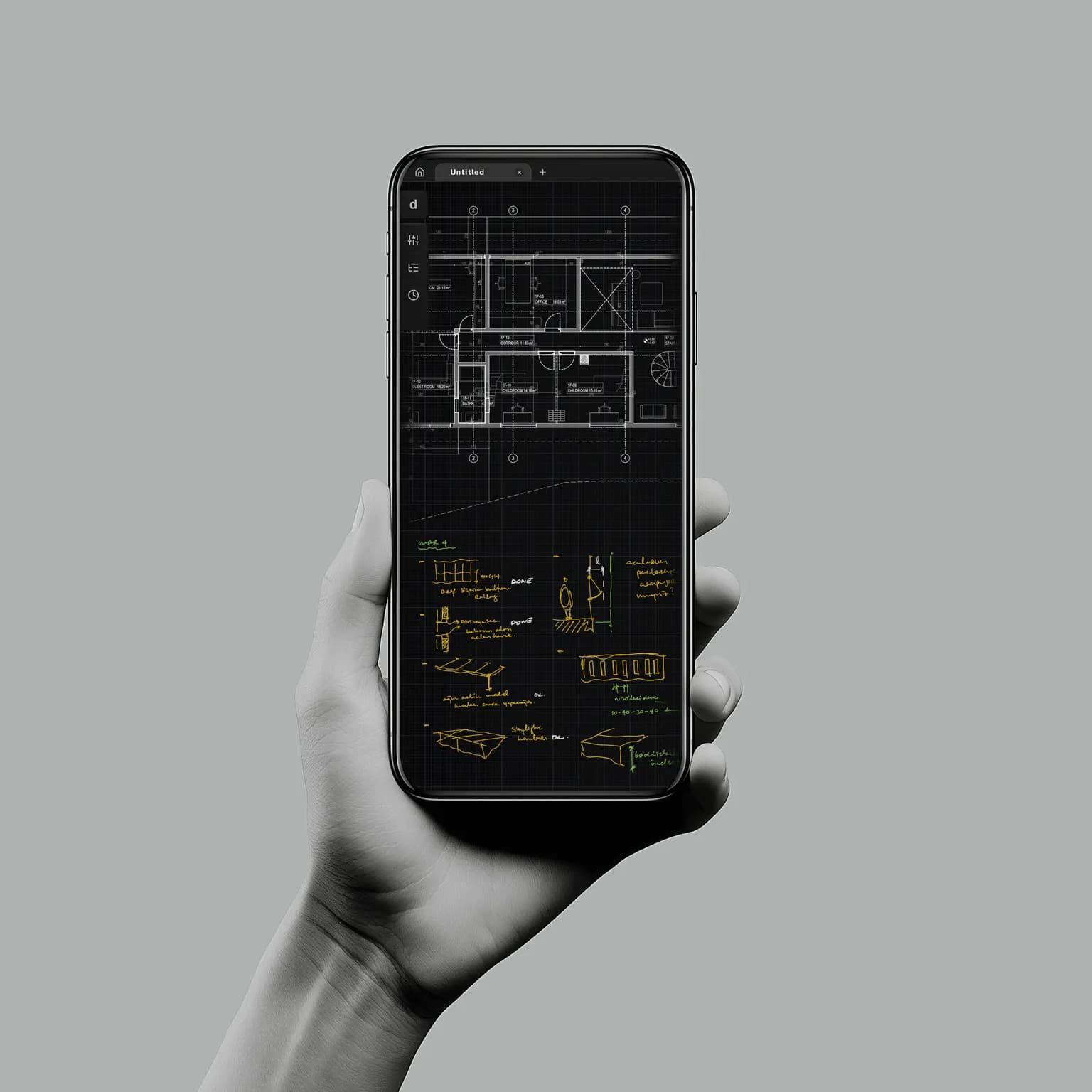 A phone held in one hand, showing the same Drawoble project stacked for a narrow screen: the floor plan above, hand-drawn design notes below.