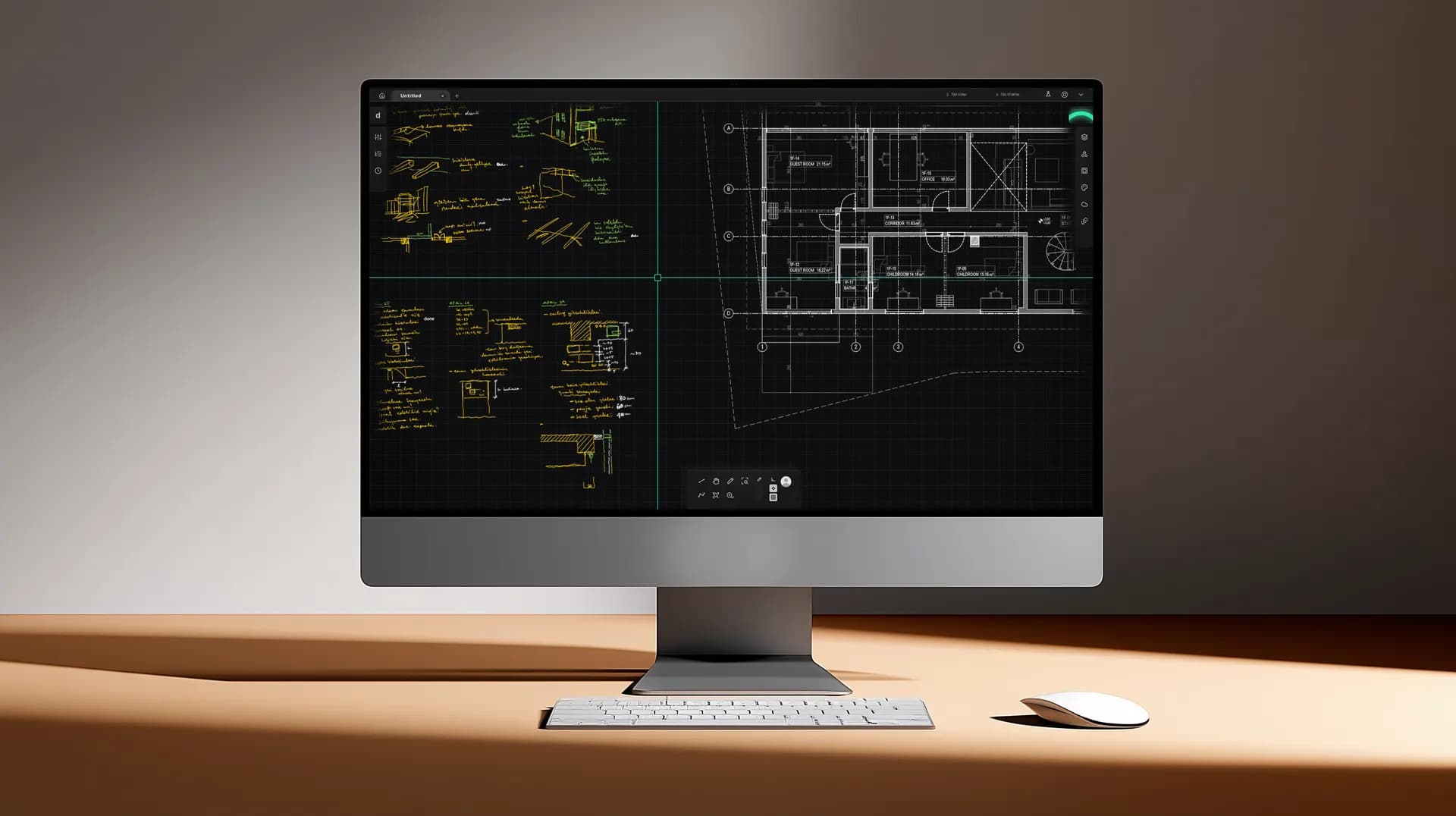 Drawoble open on a studio desk, a coloured floor plan on screen.