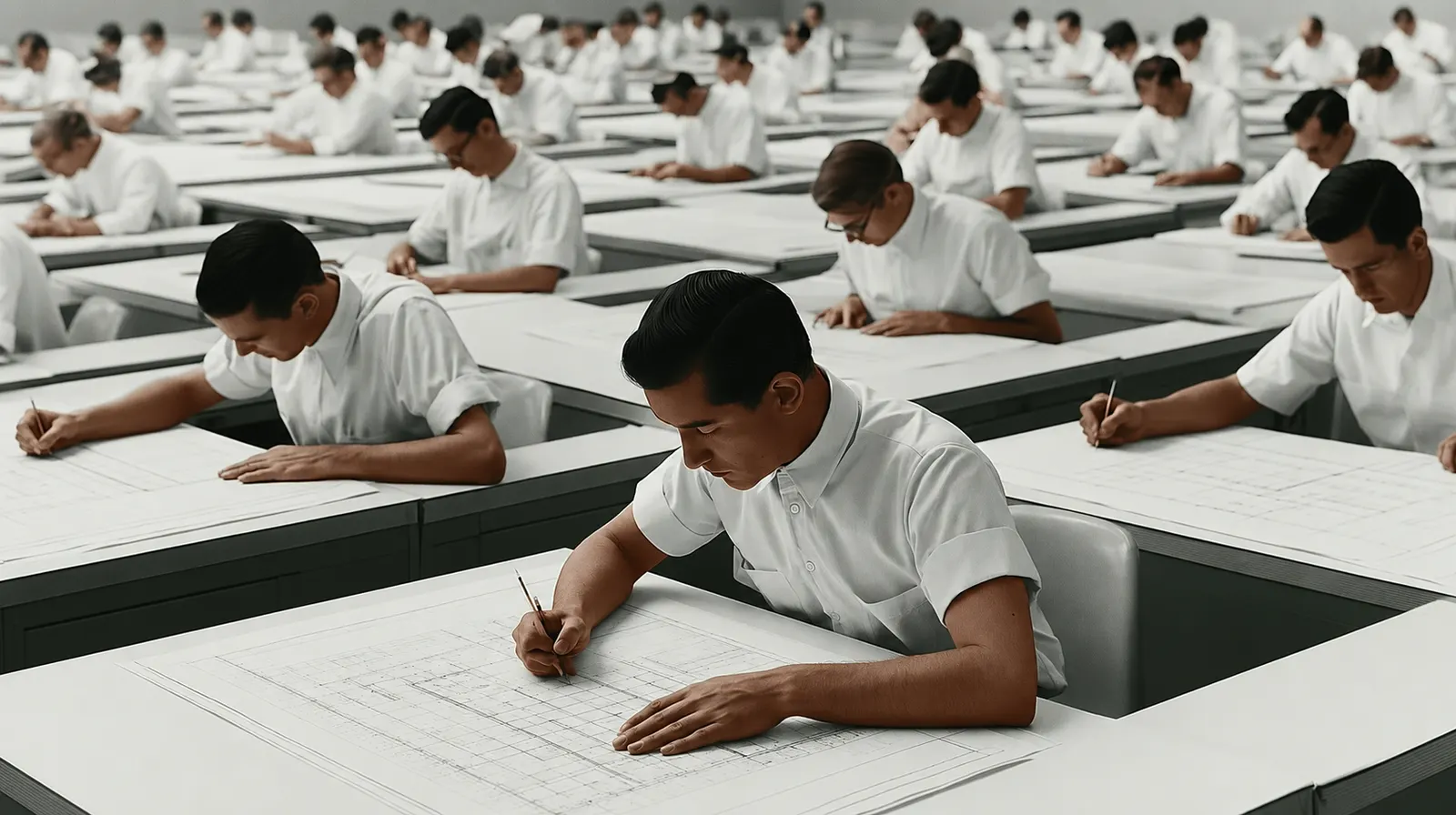 A drafting hall in the 1970s: rows of tilted boards, every drawing made by hand in pencil.
