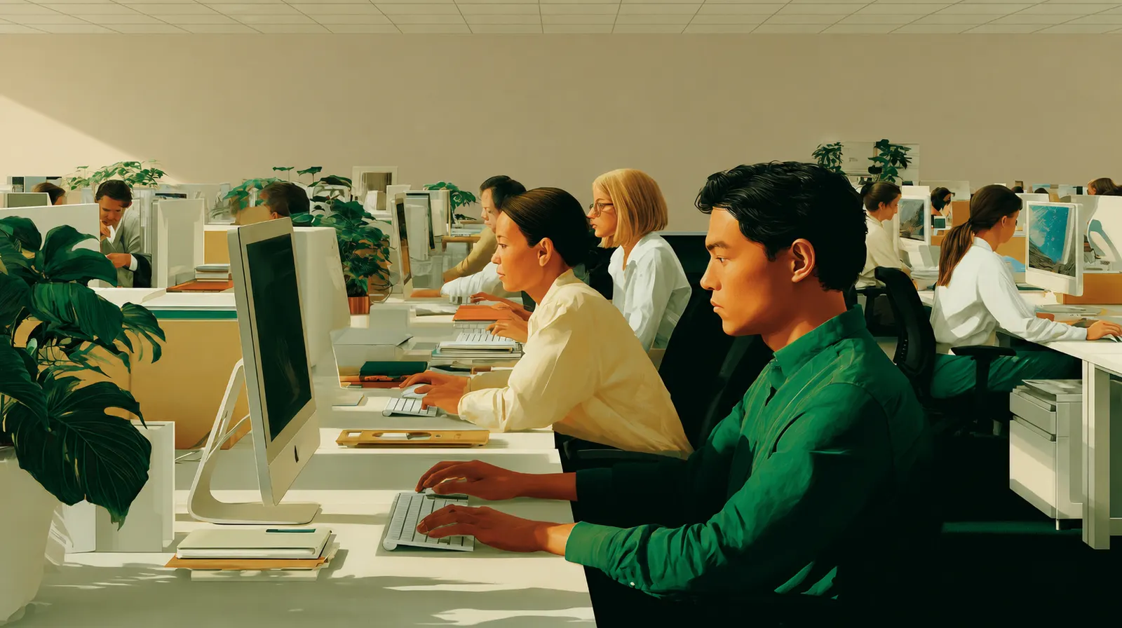 An open-plan office in the 2000s: drafting at desktop screens, one seat to a drawing.